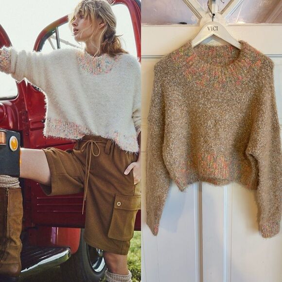 NWT free people stardust pullover mock cropped fuzzy sweater conch shell beige - Picture 1 of 6